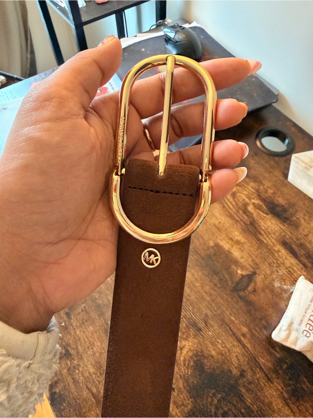 Michael Kors Brown Suede Belt with Gold Buckle